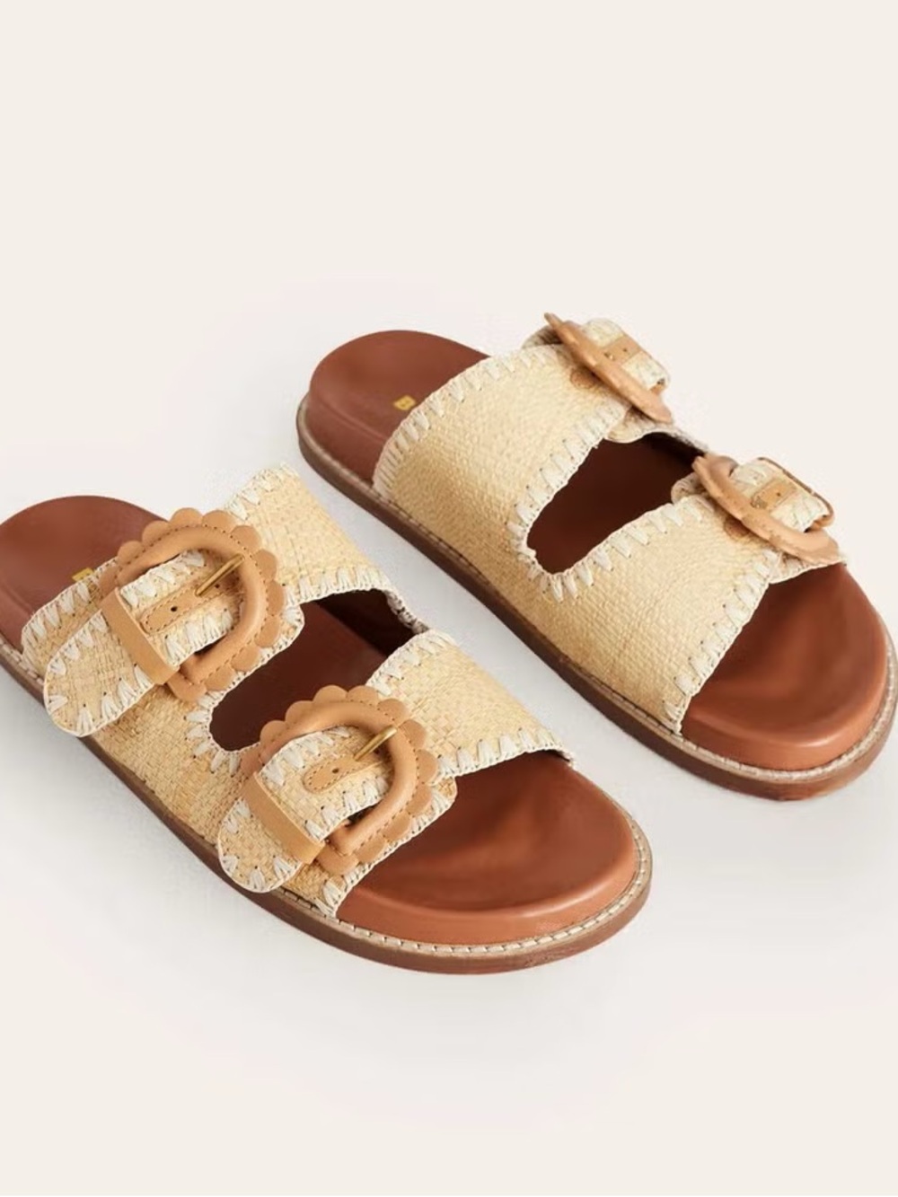 Boden Beige Raffia Double-Buckle Slide Sandals with Tan Trim NEW